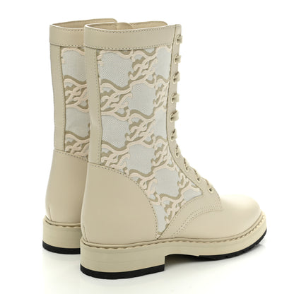 Fendi Vitello Fabric Jacquard Karligraphy Embroidered Womens Combat Boots 36.5 White Camelia 4 of 7