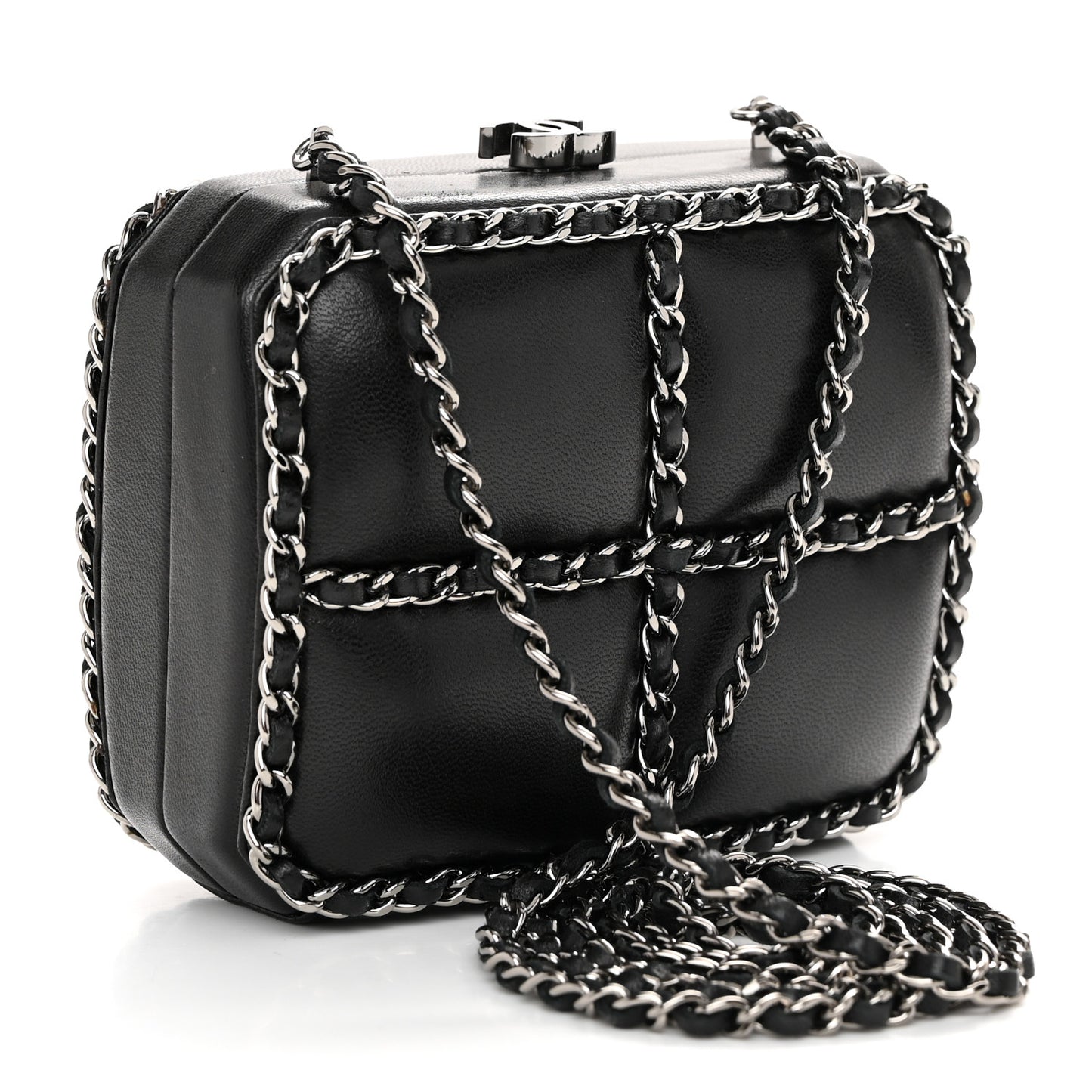 Lambskin Minaudiere Chain Clutch Black