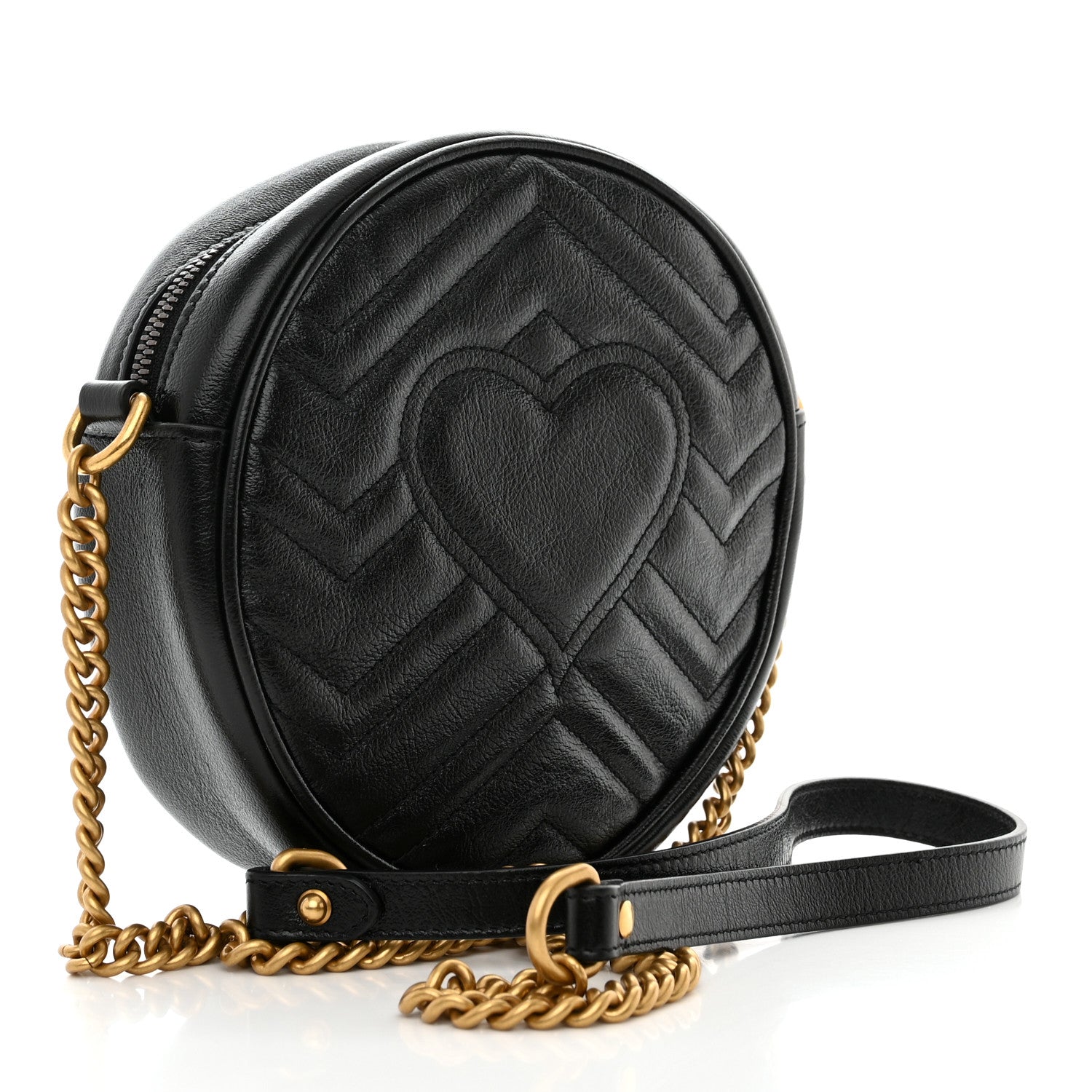 Gucci Azalea Calfskin Matelasse Heart Mini GG Marmont Round Shoulder Bag Black 3 of 11