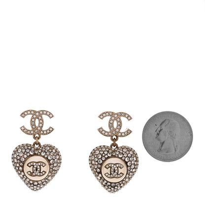 Chanel Pearl Crystal CC Heart Drop Earrings Gold White 2 of 4