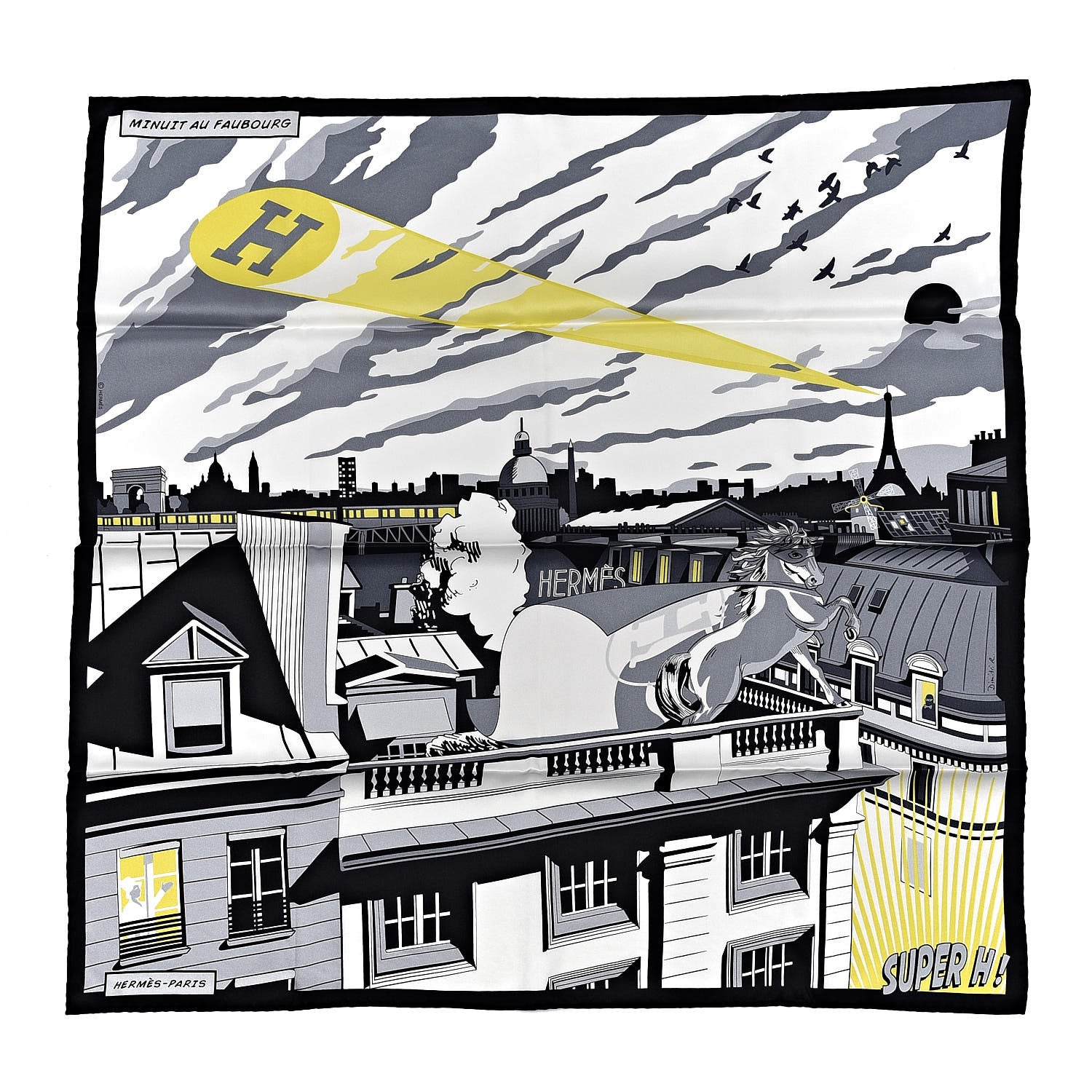 Hermes Silk Minuit Au Faubourg Scarf 70 Anthracite Blanc Jaune Vif 1 of 7