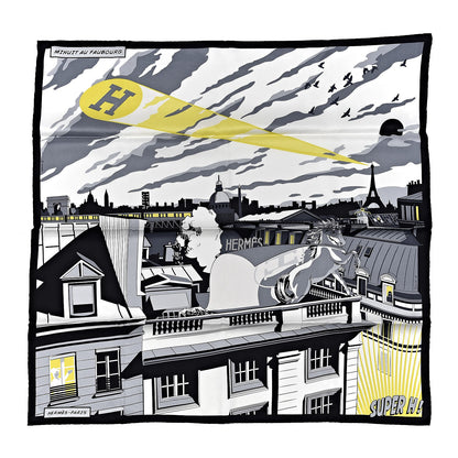 Hermes Silk Minuit Au Faubourg Scarf 70 Anthracite Blanc Jaune Vif 1 of 7