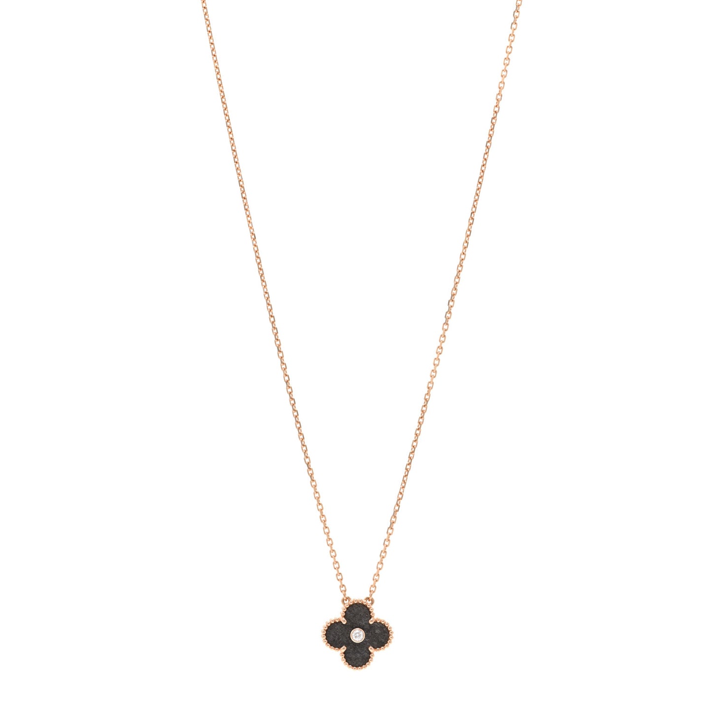 18K Rose Gold Diamond Silver Obsidian Vintage Alhambra Pendant Necklace