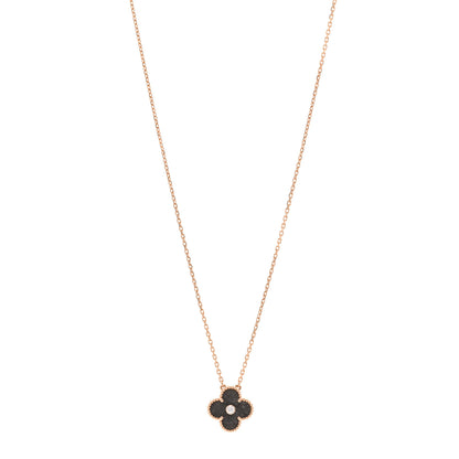 Van Cleef & Arpels 18K Rose Gold Diamond Silver Obsidian Vintage Alhambra Pendant Necklace 1 of 7