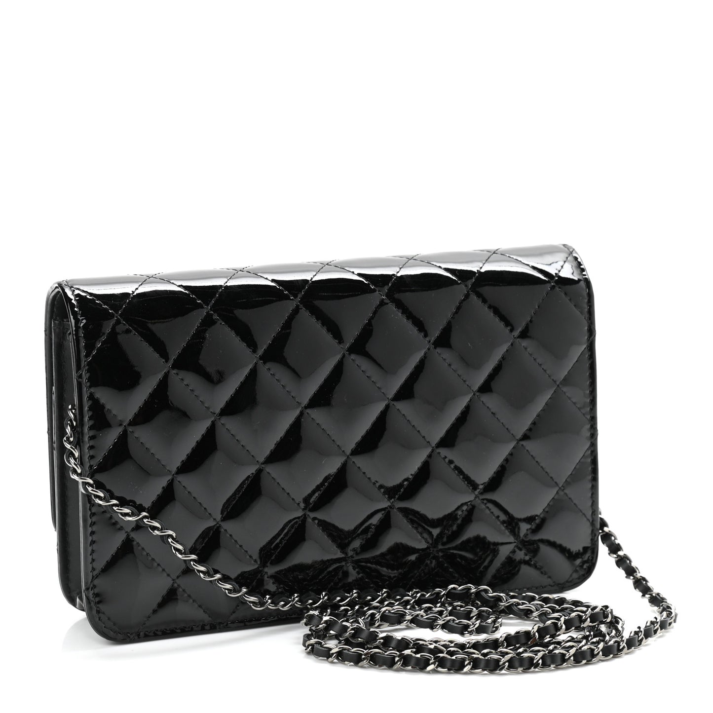 Patent Quilted Golden Class Wallet on Chain WOC Black
