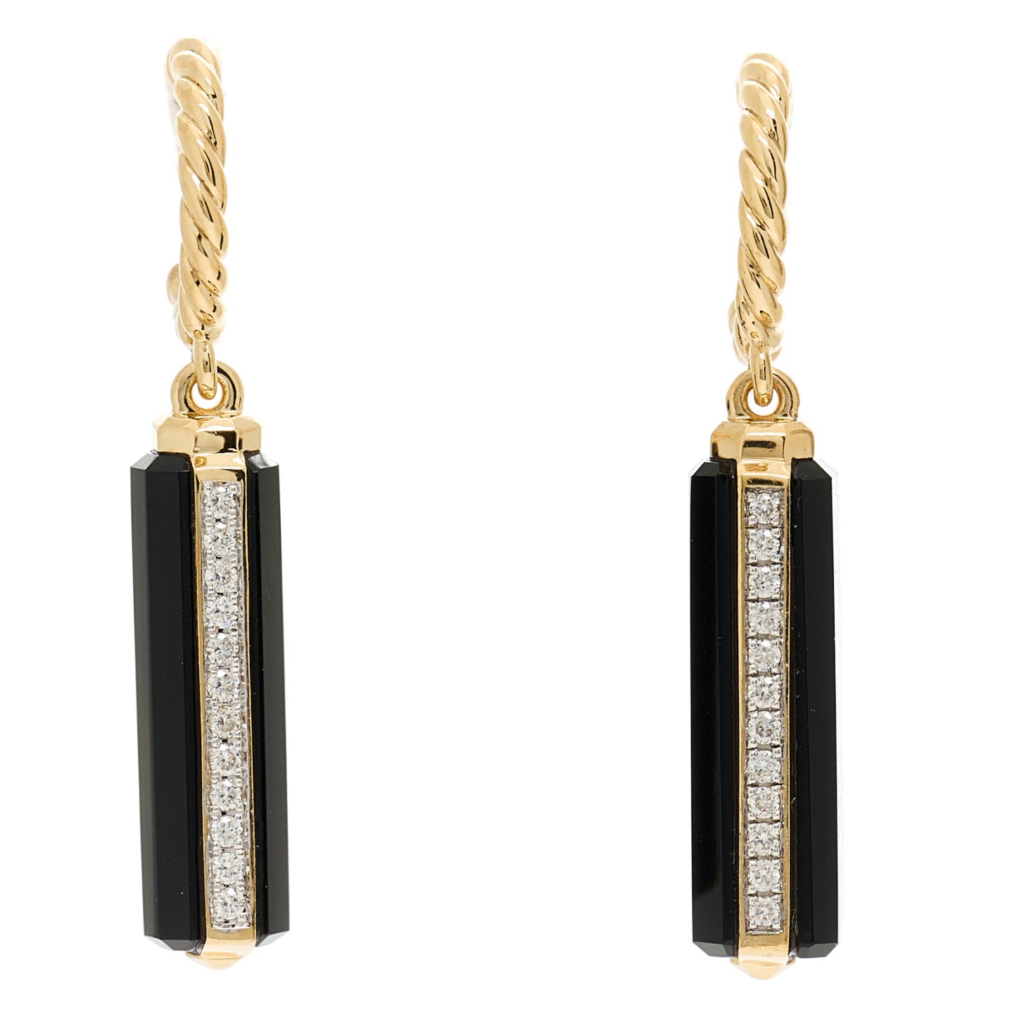 18K Yellow Gold Diamond Black Onyx Lexington Barrel Drop Earrings