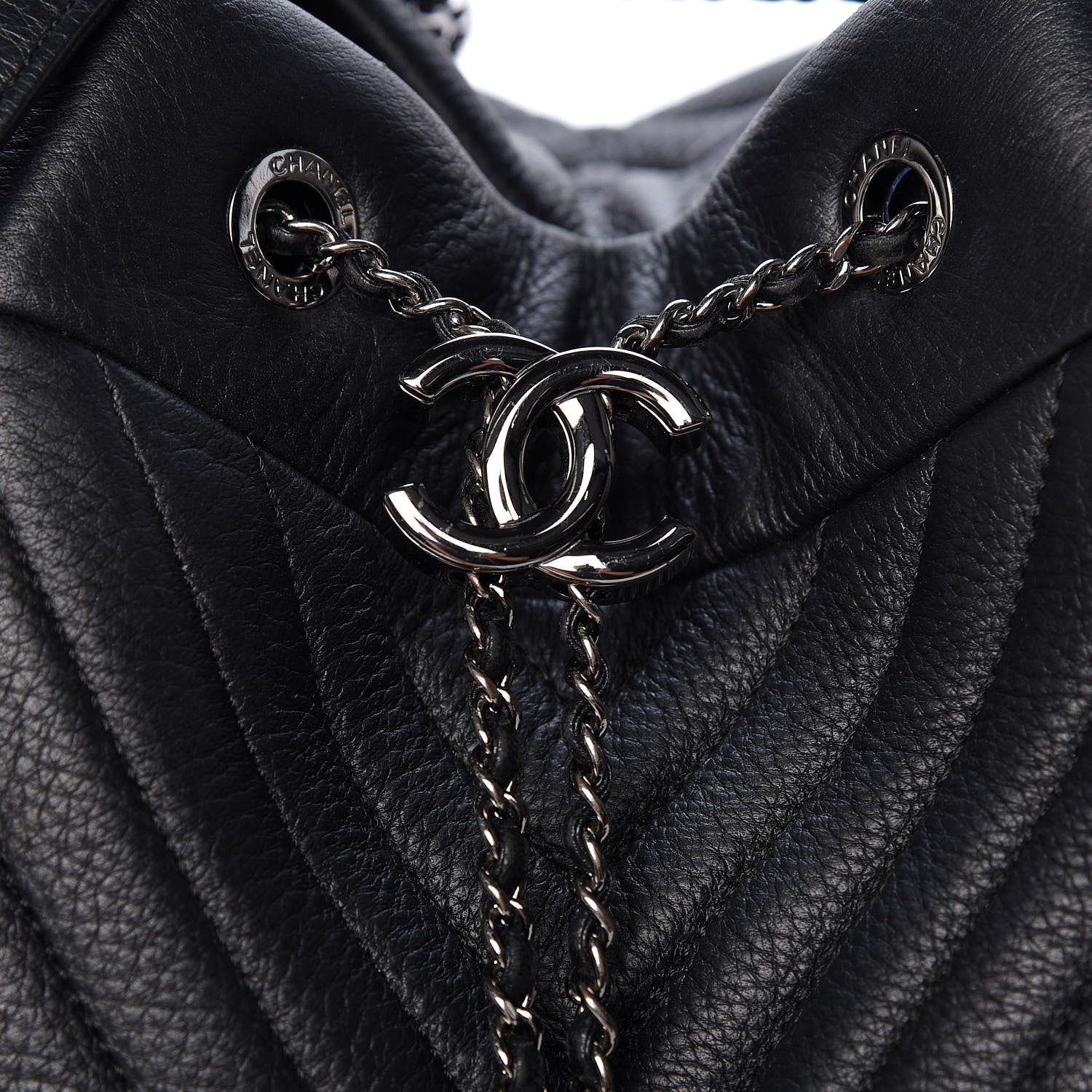 Chanel Deerskin Chevron Large CC Chain Bucket Drawstring Bag Black 8 of 10