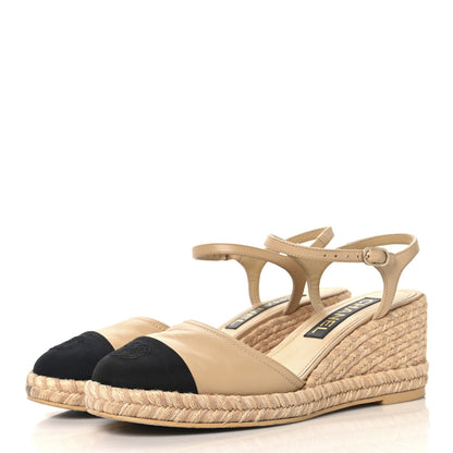 Chanel Lambskin Grosgrain CC Espadrilles Wedges 40 Beige Black 4 of 9