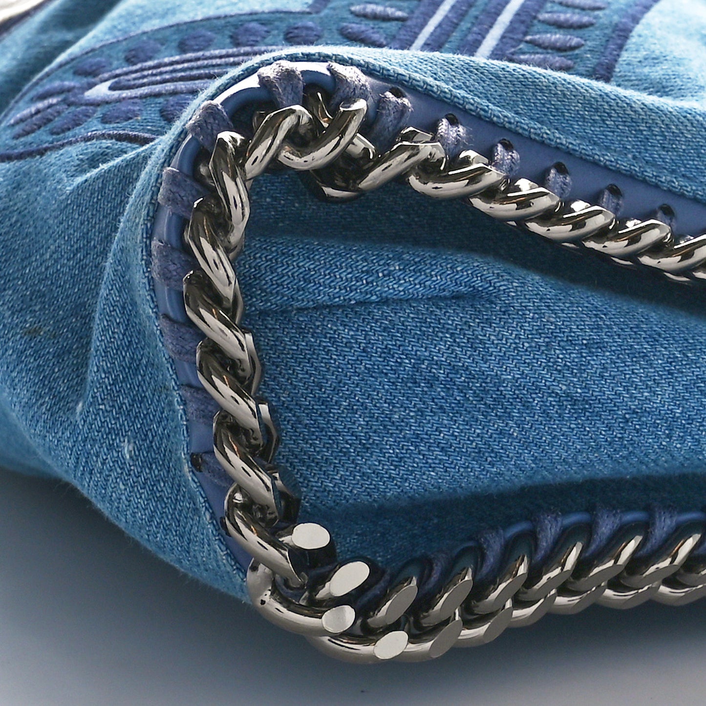 Eco Denim Embroidered Zigarette Falabella Fold Over Tote Blue
