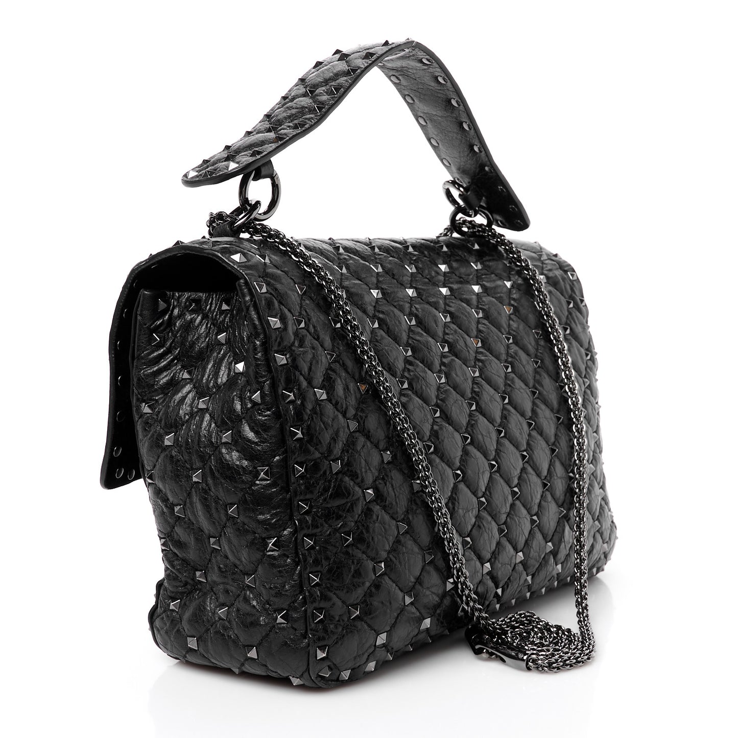 Craquele Nappa Large Rockstud Spike Shoulder Bag Black