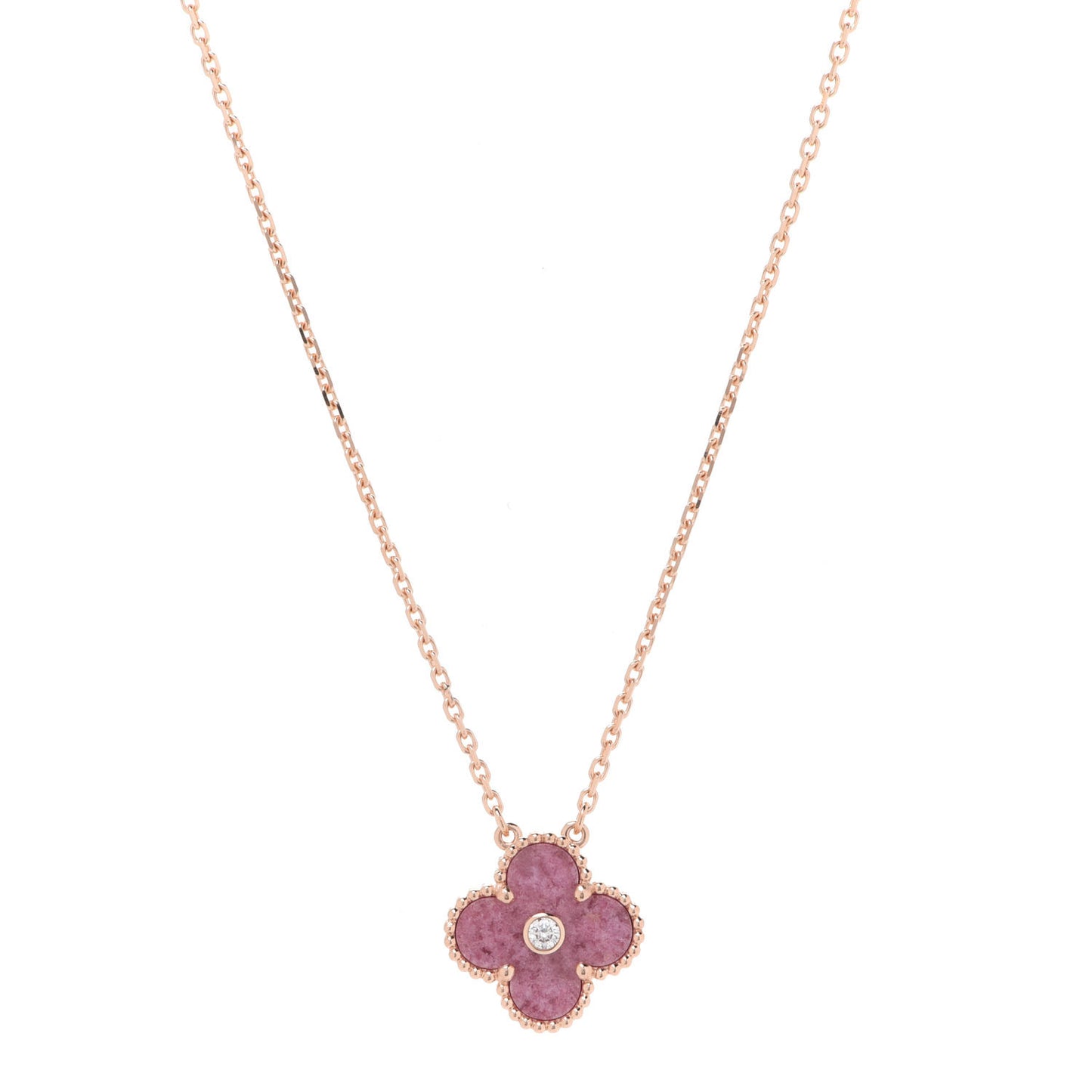18K Rose Gold Diamond Rhodonite Vintage Alhambra Pendant Necklace