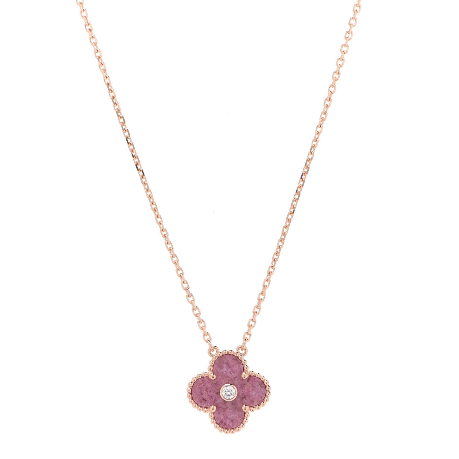 Van Cleef & Arpels 18K Rose Gold Diamond Rhodonite Vintage Alhambra Pendant Necklace 1 of 8