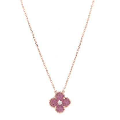 Van Cleef & Arpels 18K Rose Gold Diamond Rhodonite Vintage Alhambra Pendant Necklace 1 of 8