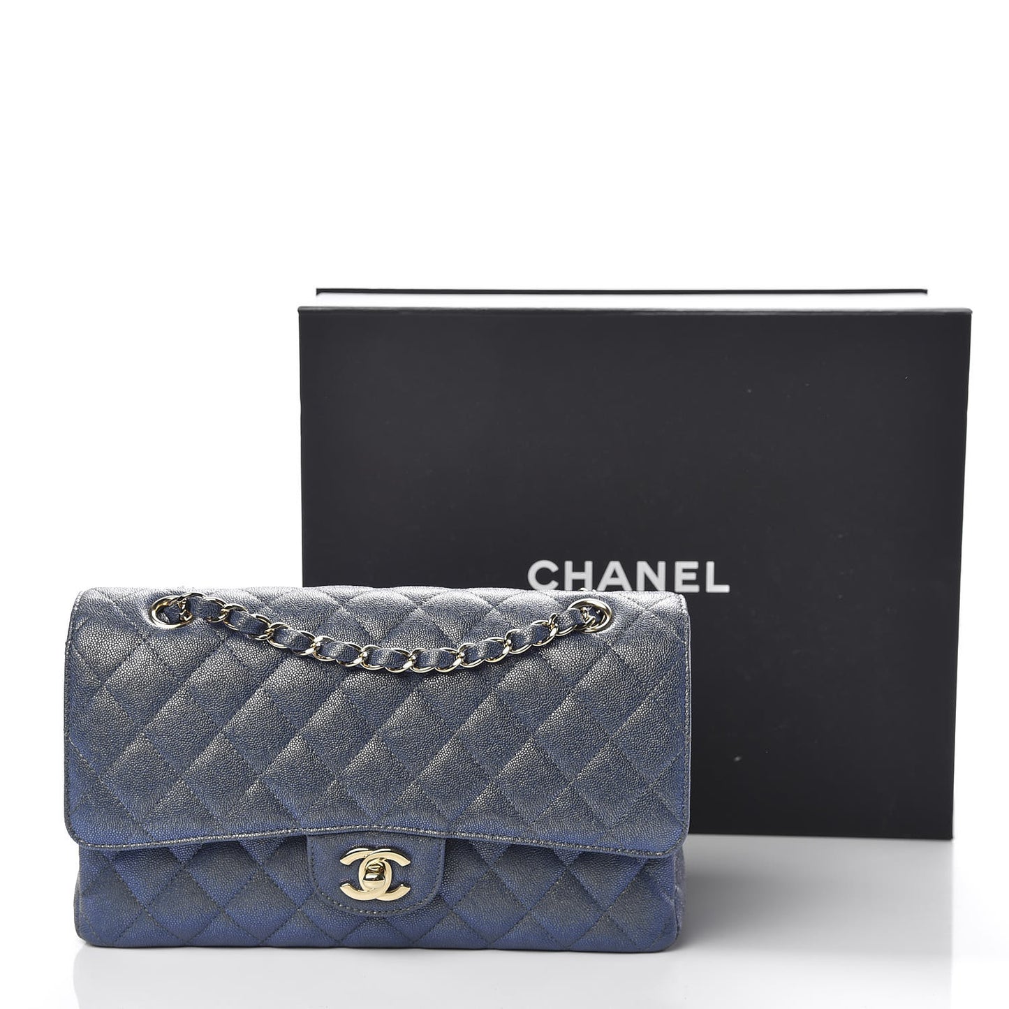 Iridescent Caviar Quilted Medium Double Flap Dark Blue