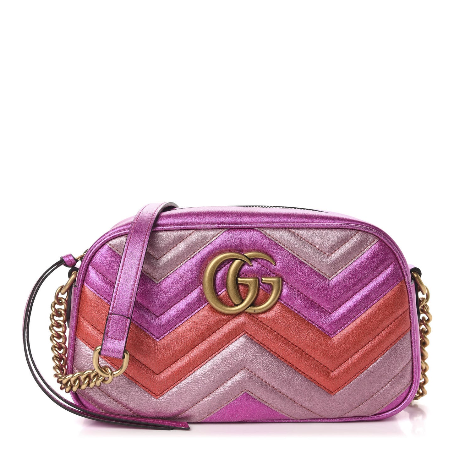 Laminated Nappa Matelasse Small GG Marmont Chain Shoulder Bag Fuxia Rosso Rosa