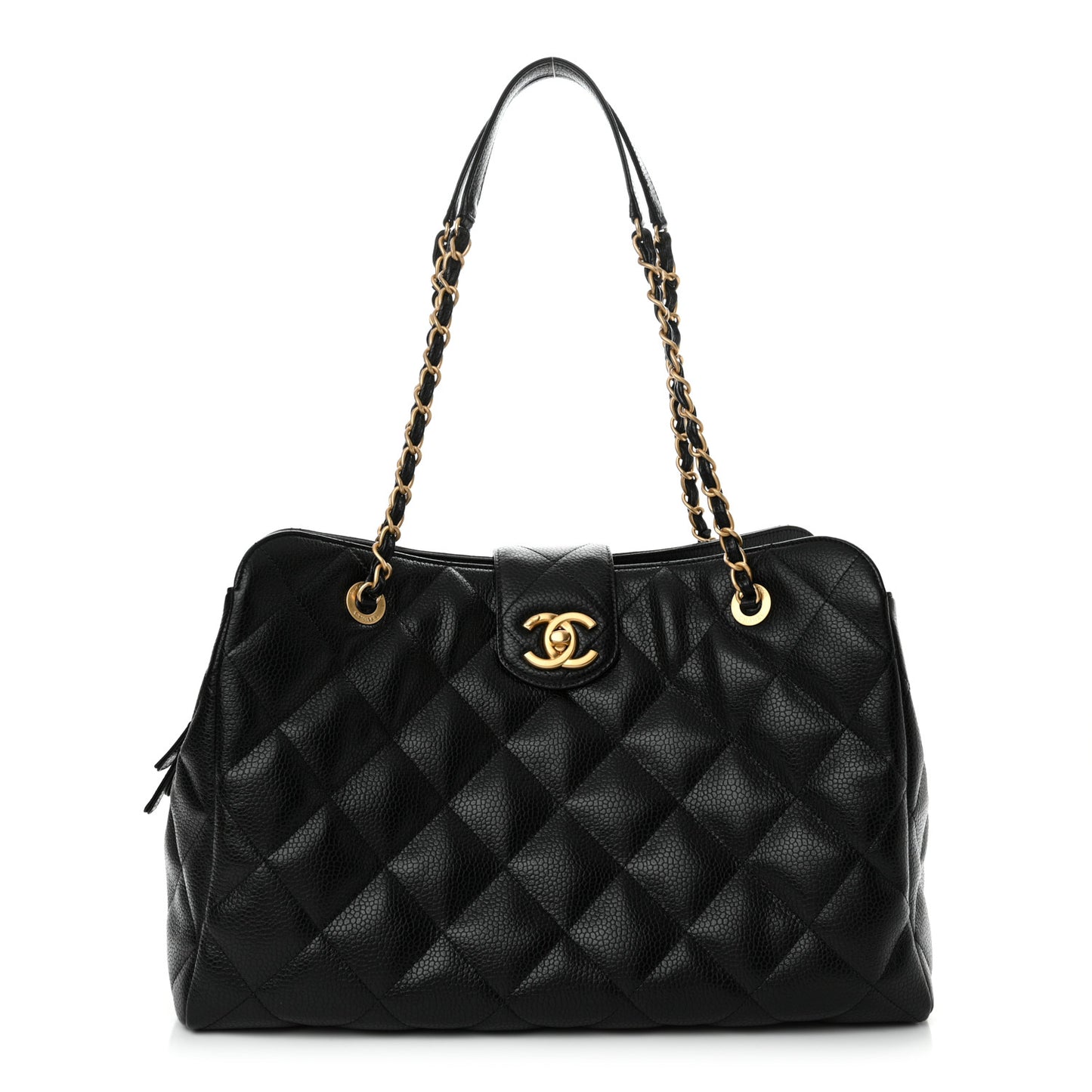 Metallic Grained Calfskin Quilted Shopping Tote Black