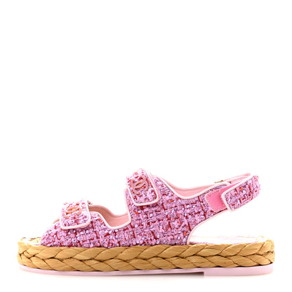 Chanel Tweed Patent Calfskin Velcro Dad Sandals 38.5 Light Purple Pink Red 1 of 11