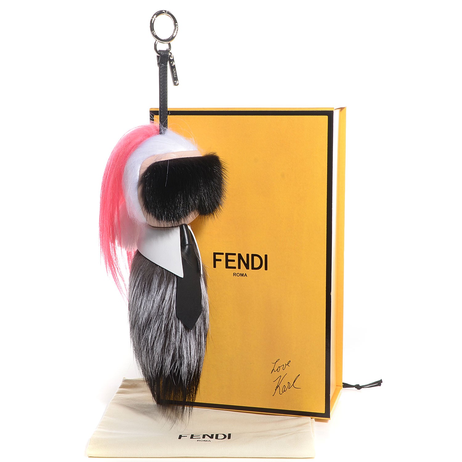 Fendi Fox Mink Goat Fur Nappa Karlito Bag Charm Black White Rosa 4 of 4