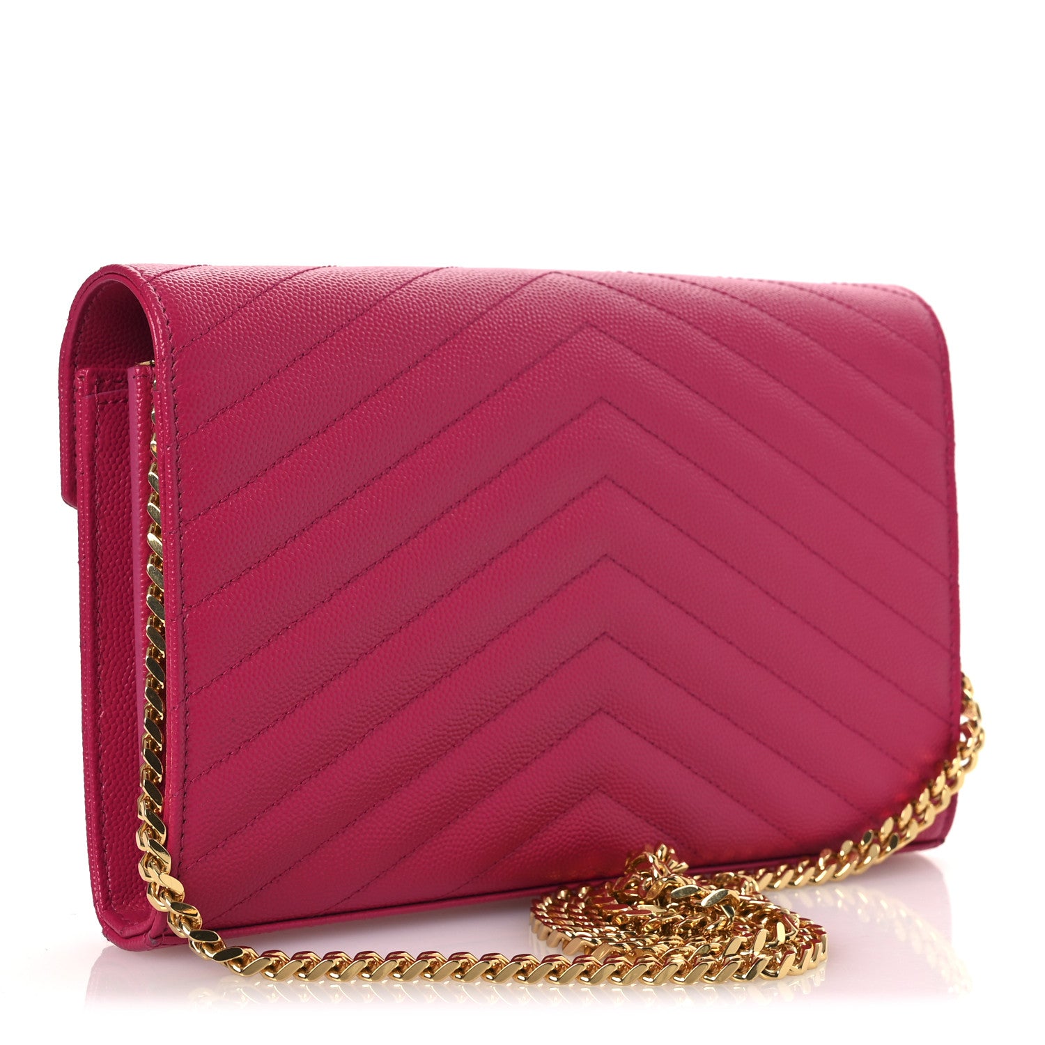 Saint Laurent Grain De Poudre Matelasse Chevron Monogram Chain Wallet Lipstick Fuchsia 3 of 11