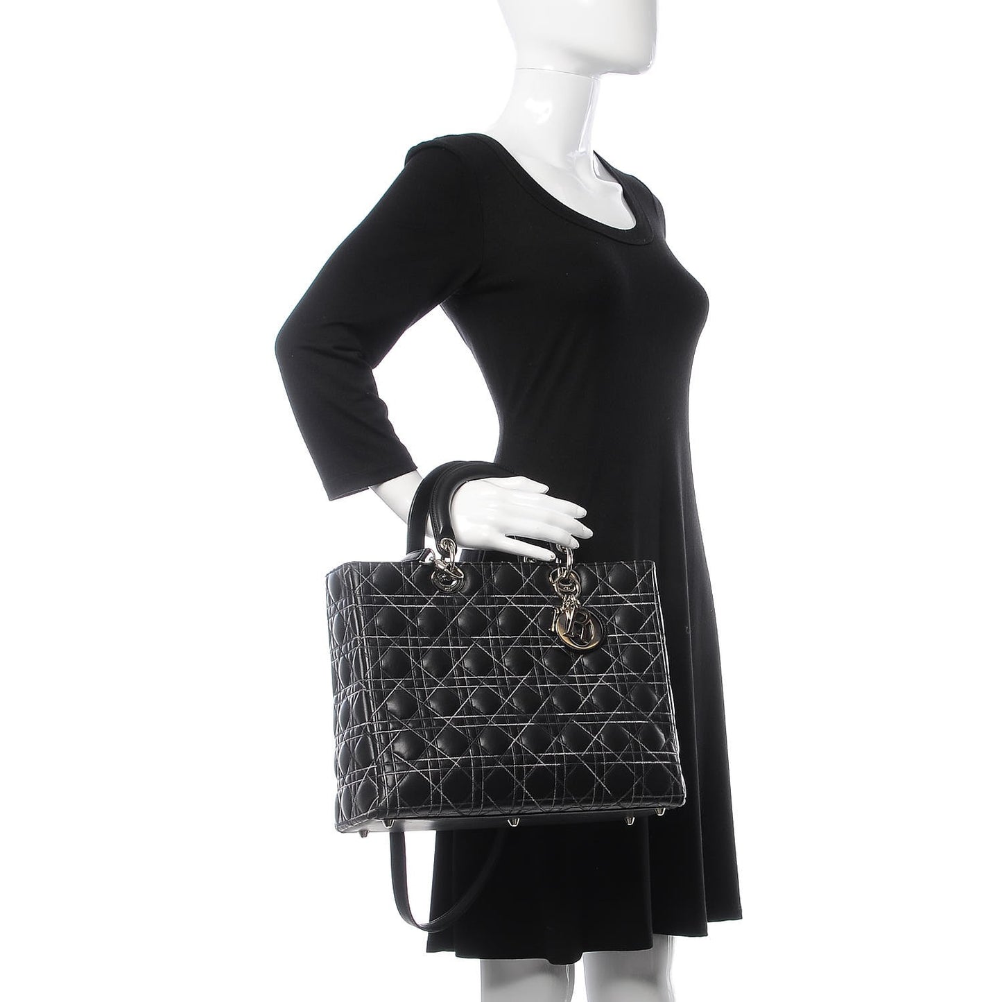 Lambskin Stitched Large Lady Dior Black