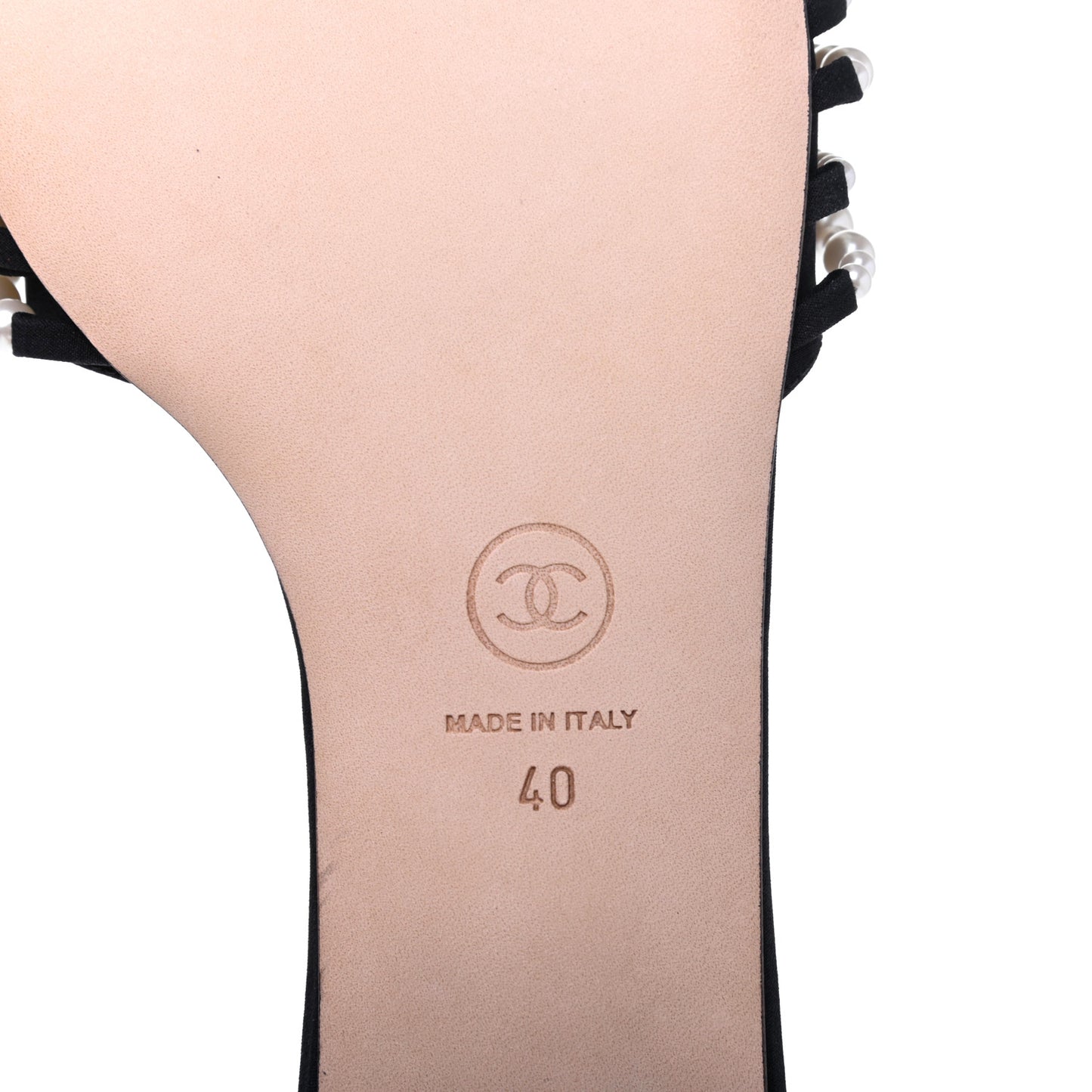 Satin Pearl Flat Sandals 40 Black