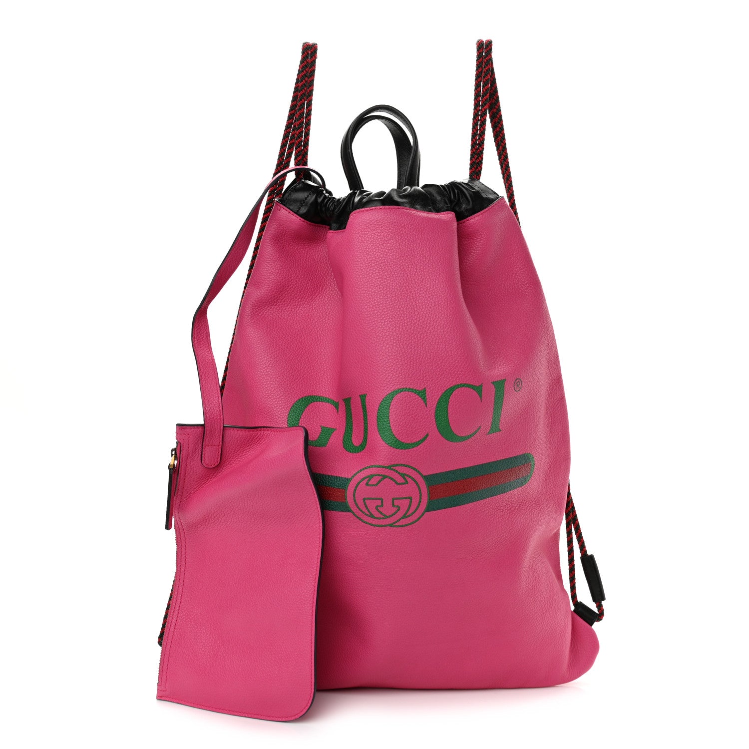 Gucci Grained Calfskin Logo Drawstring Backpack Box Pink Green Black 1 of 11