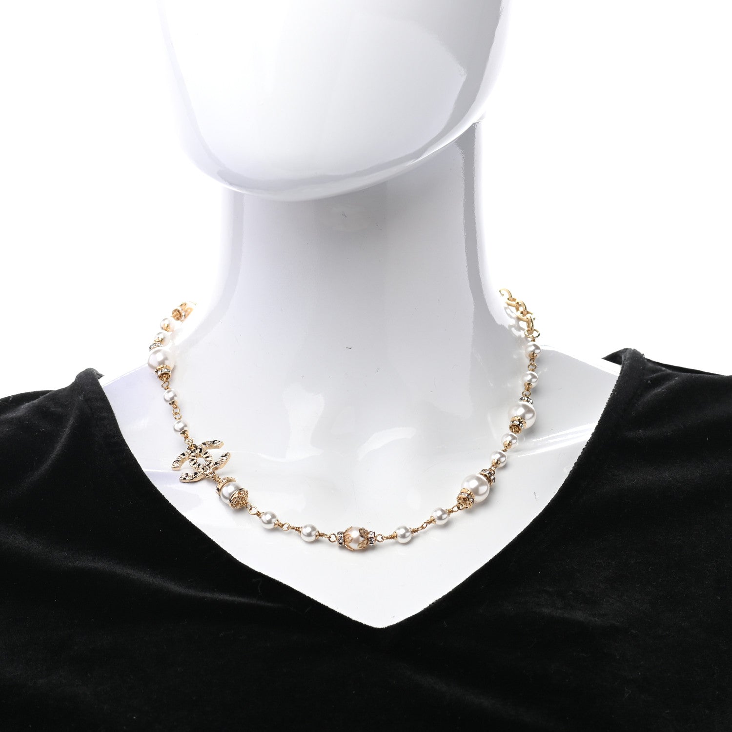 Chanel Pearl Crystal CC Necklace Light Gold 2 of 6