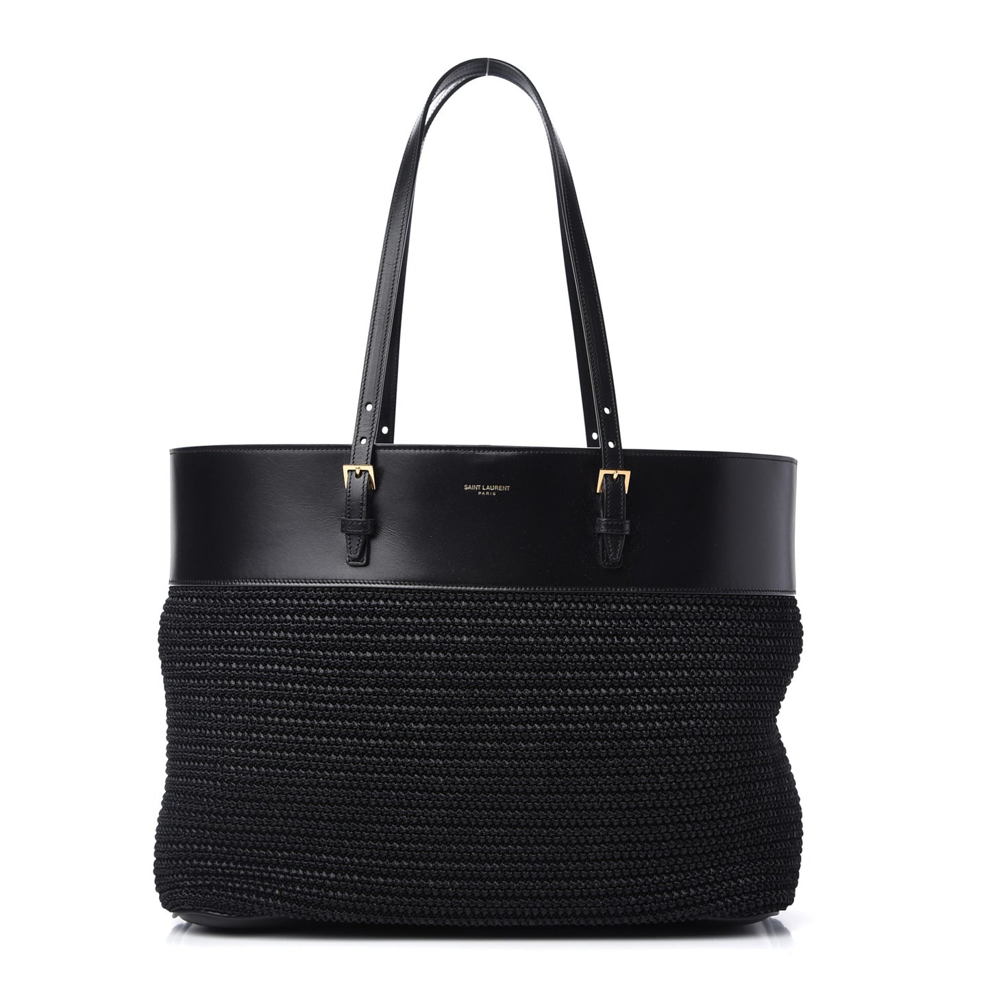 Calfskin Raffia Medium Shopper Tote Black