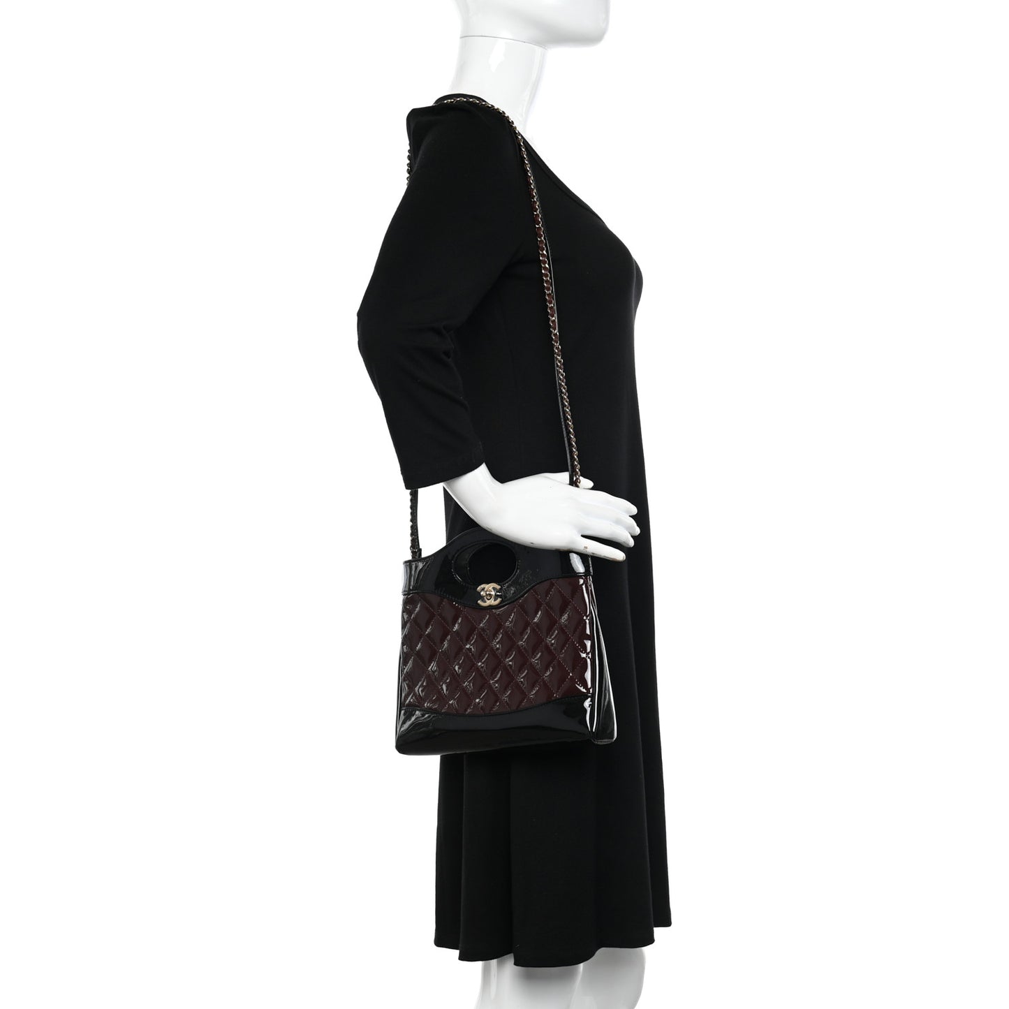 Patent Calfskin Quilted Mini 31 Shopping Bag Burgundy Black