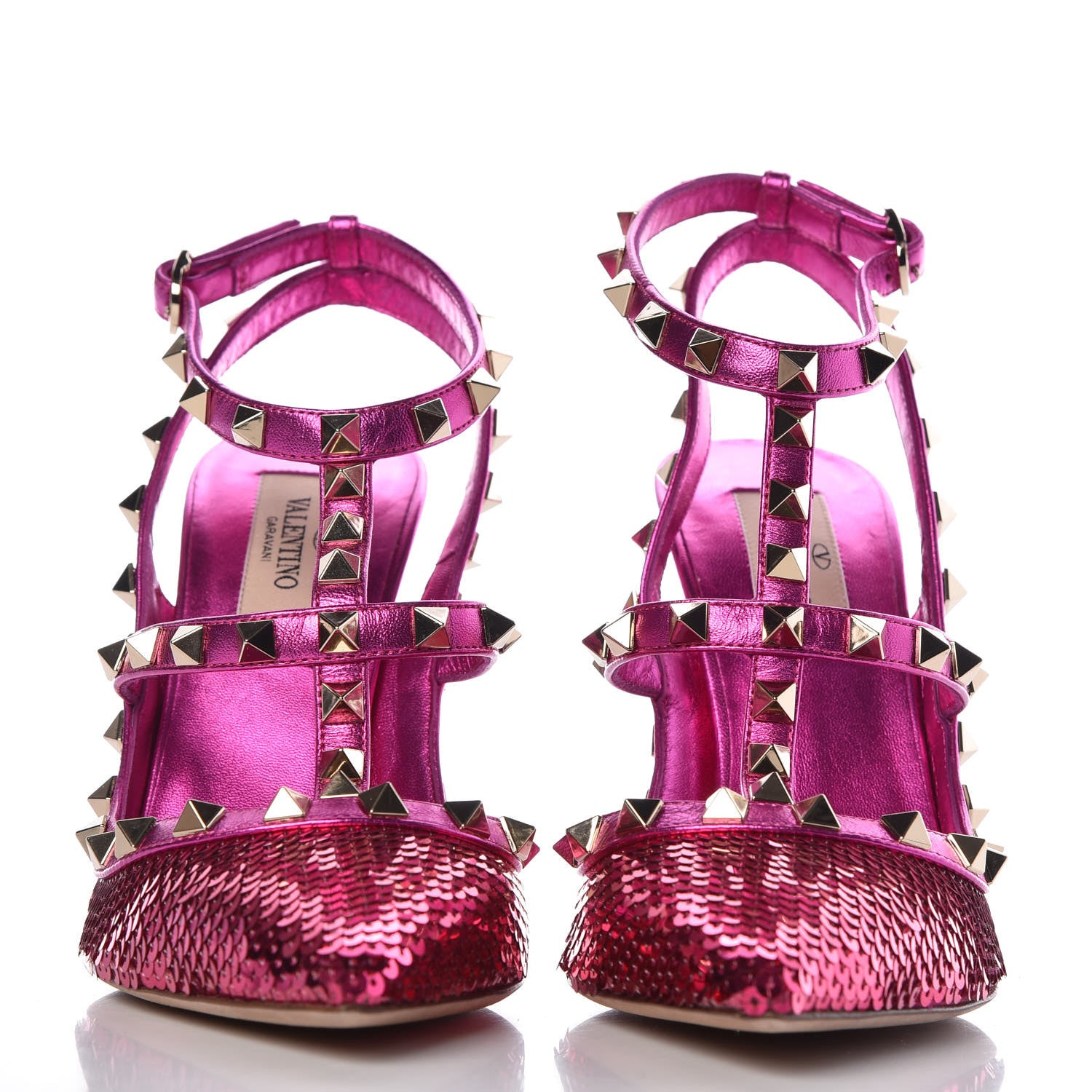 Valentino Garavani Sequin Metallic Nappa Liquid Metal Rockstud Ankle Strap Pumps 37 Pink Orchid 2 of 7