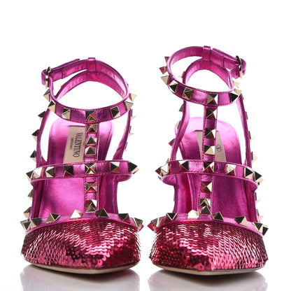 Valentino Garavani Sequin Metallic Nappa Liquid Metal Rockstud Ankle Strap Pumps 37 Pink Orchid 2 of 7