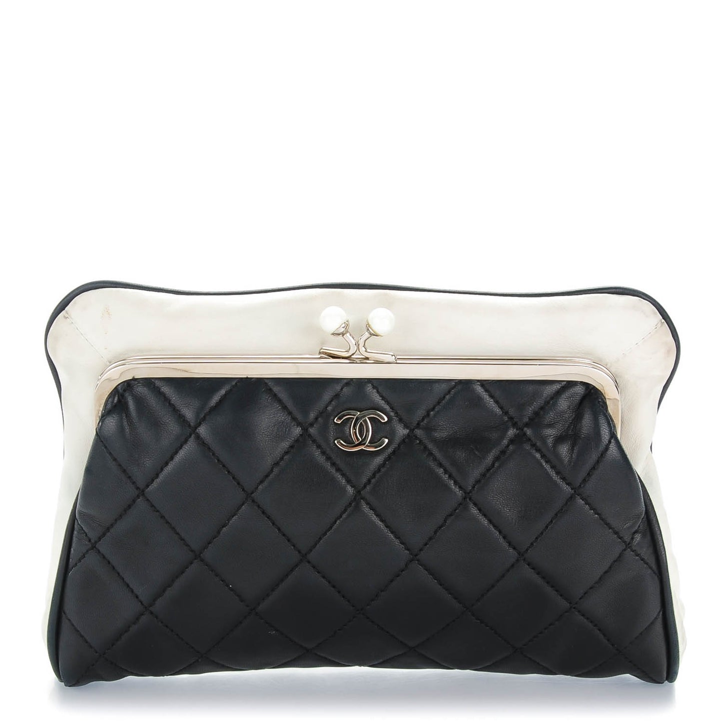 Lambskin Quilted Pearl Kiss Lock Clutch Black White