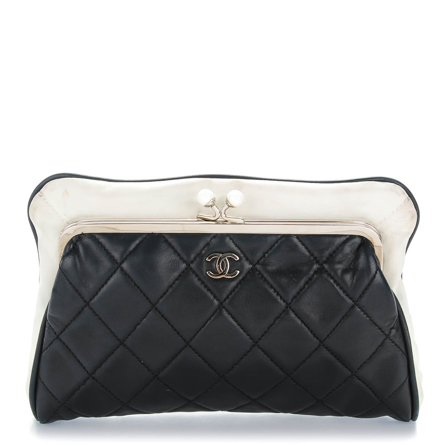 Chanel Lambskin Quilted Pearl Kiss Lock Clutch Black White 1 of 7