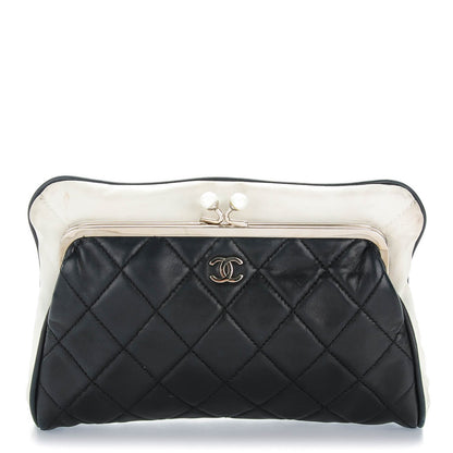 Chanel Lambskin Quilted Pearl Kiss Lock Clutch Black White 1 of 7
