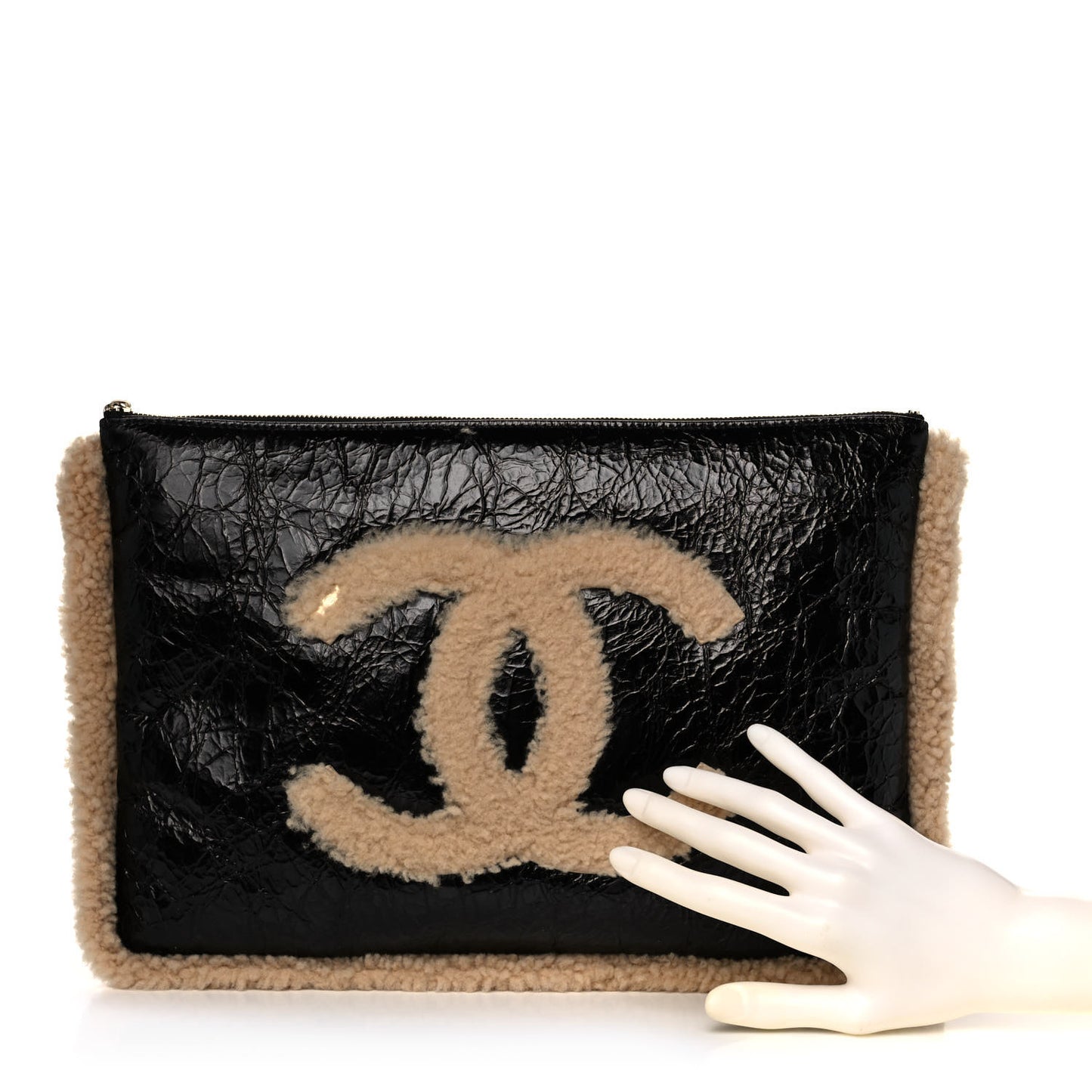 Shiny Crumpled Sheepskin Shearling CC Mania Zip Pouch Black Beige