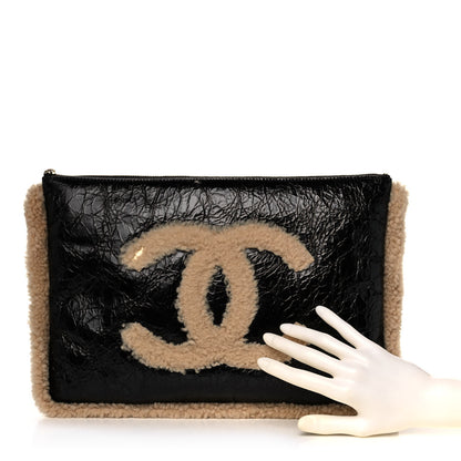 Chanel Shiny Crumpled Sheepskin Shearling CC Mania Zip Pouch Black Beige 2 of 10