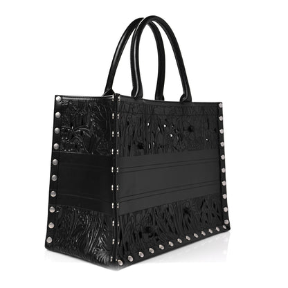 Christian Dior Calfskin Laser Cut Studded Medium Book Tote Black 3 of 7
