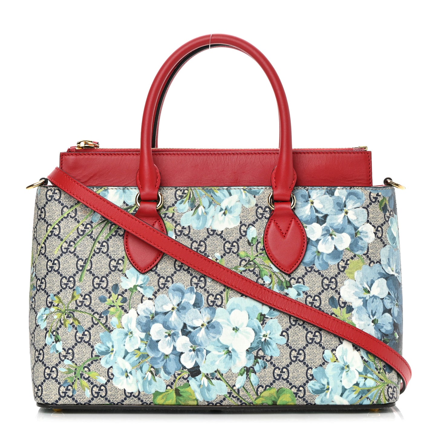 GG Supreme Monogram Blooms Medium Zip Top Tote Beige Blue Navy Hibiscus Red