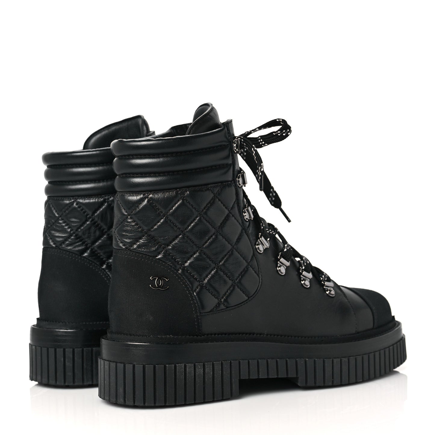 Calfskin Grosgrain Quilted Lace Up Boots 40 Black Grey