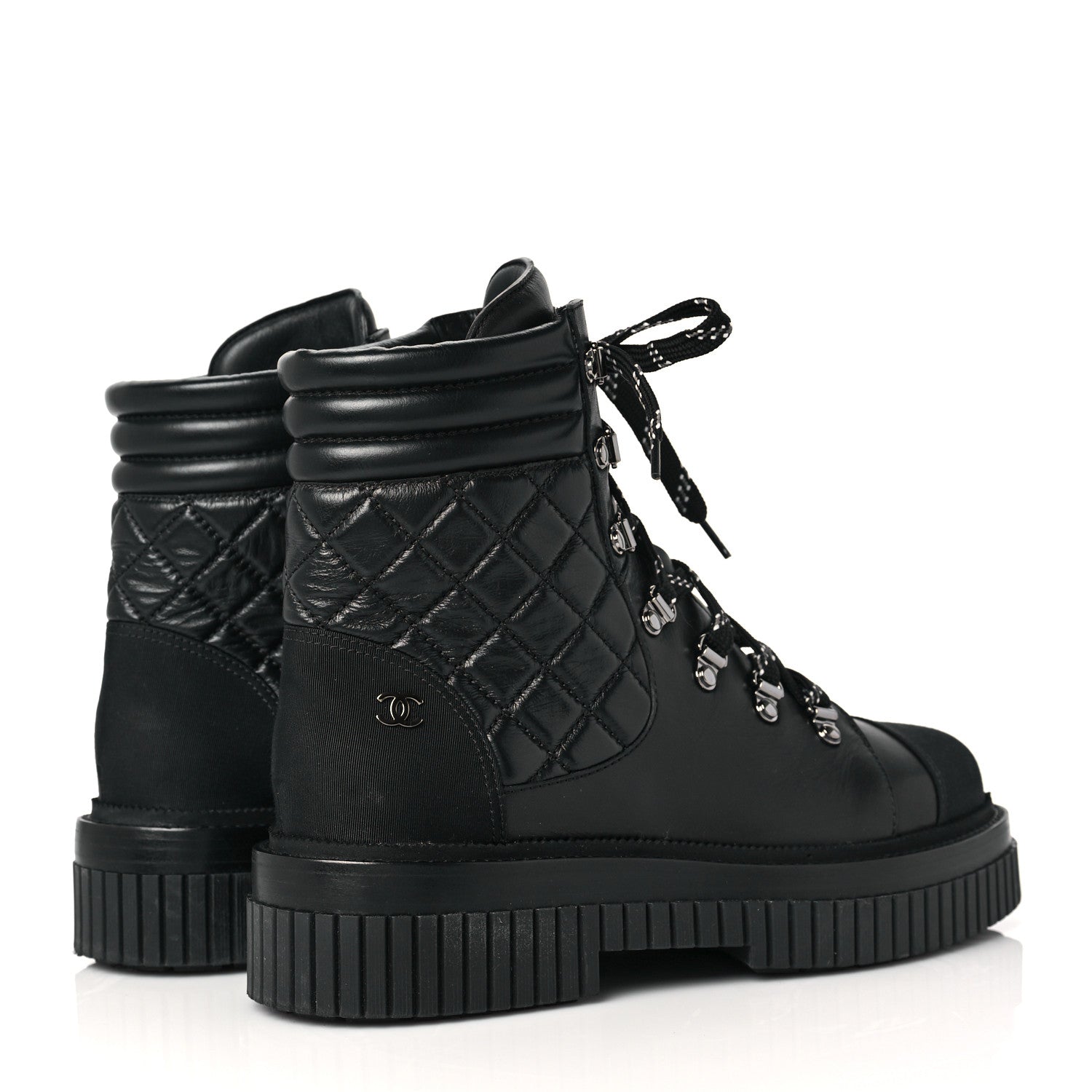 Chanel Calfskin Grosgrain Quilted Lace Up Boots 40 Black Grey 4 of 7