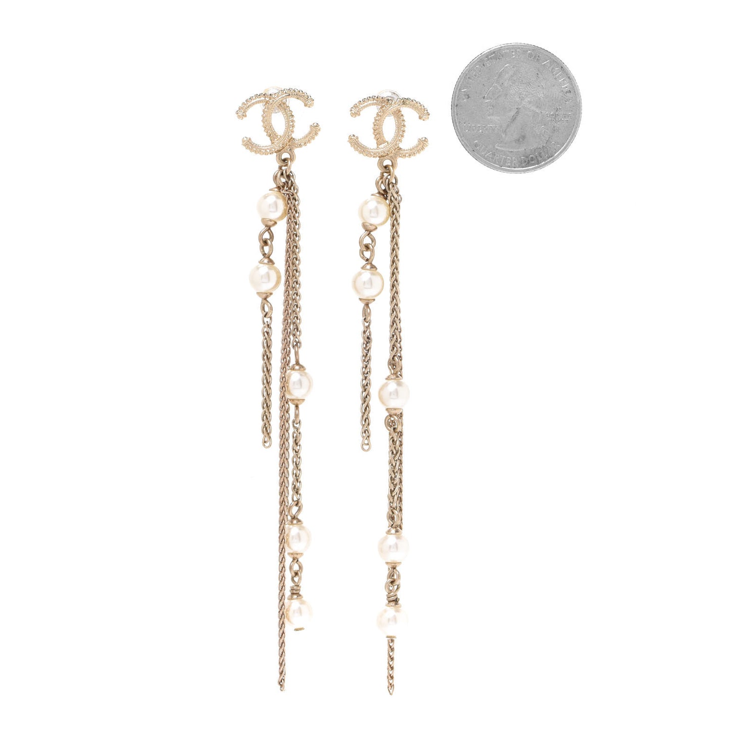 Glass Pearl CC Long Drop Earrings Gold