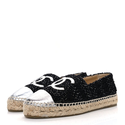 Chanel Laminated Lambskin Tweed CC Espadrilles 37 Black White Silver 4 of 11
