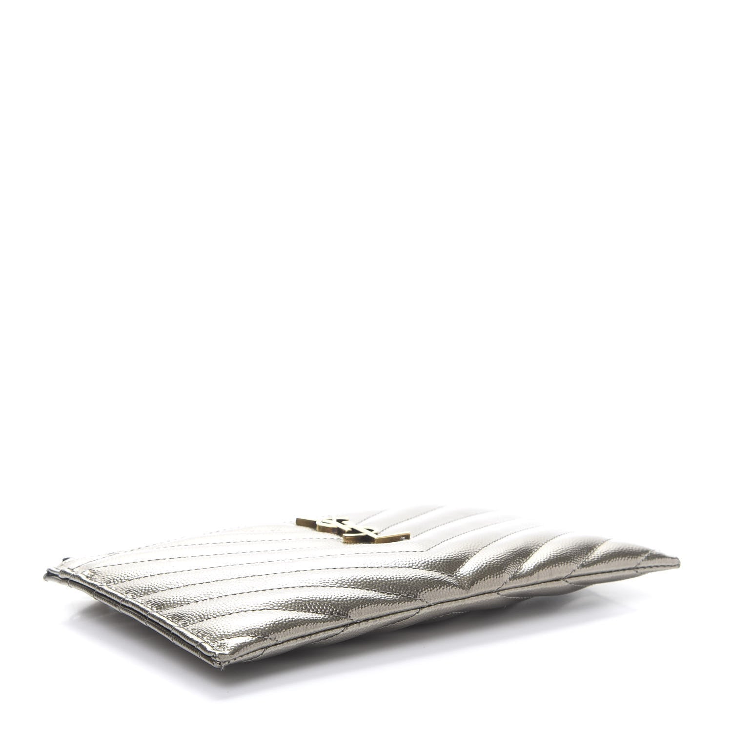Saint Laurent Metallic Grain De Poudre Matelasse Chevron Monogram Bill Pouch Piombo 4 of 10