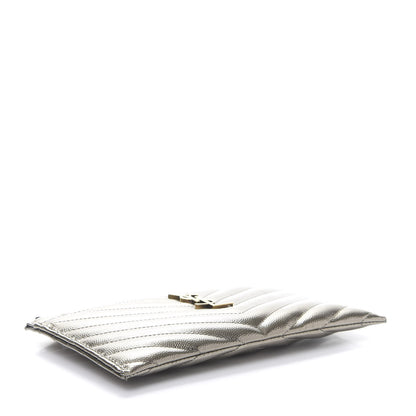 Saint Laurent Metallic Grain De Poudre Matelasse Chevron Monogram Bill Pouch Piombo 4 of 10