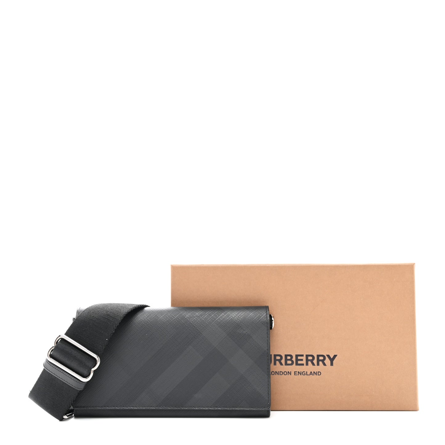 London Check Wallet with Detachable Strap Charcoal