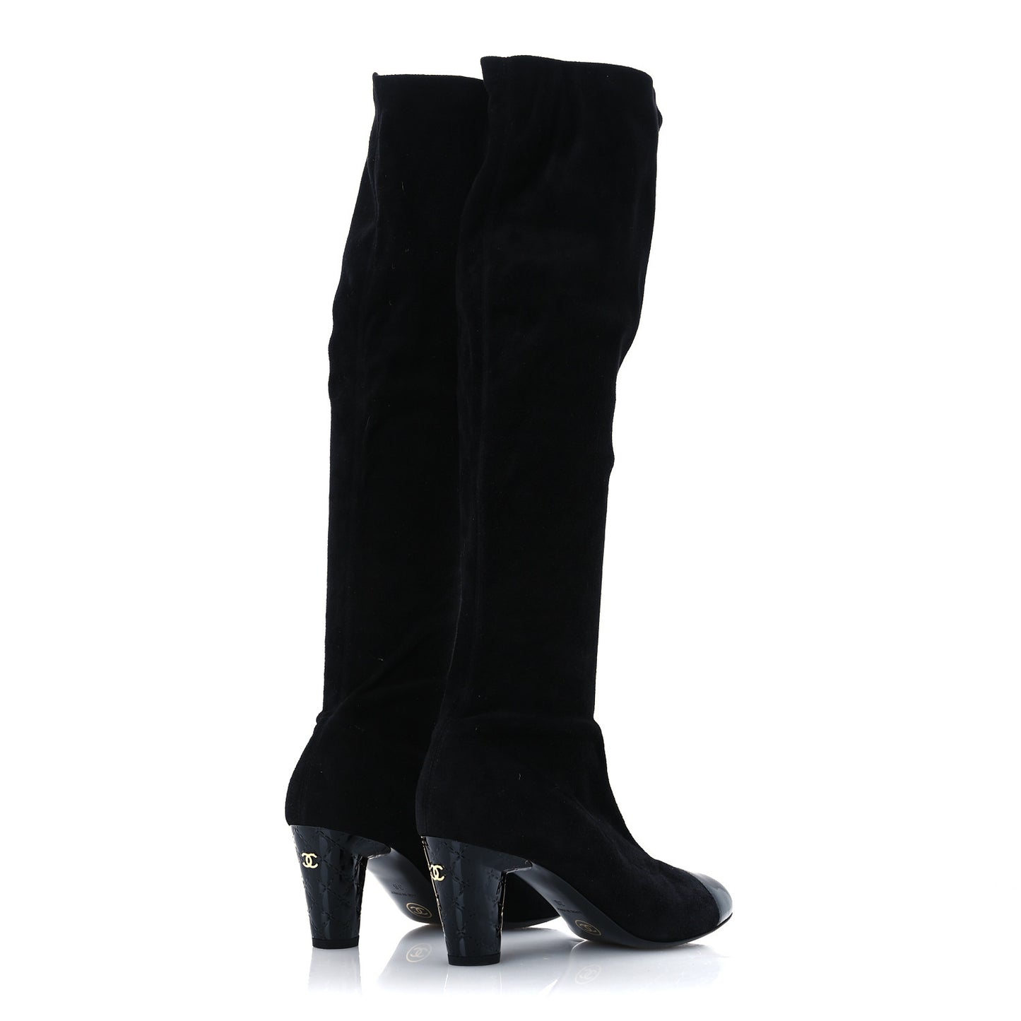 Suede Patent CC Quilted Knee High Boots 36 Black