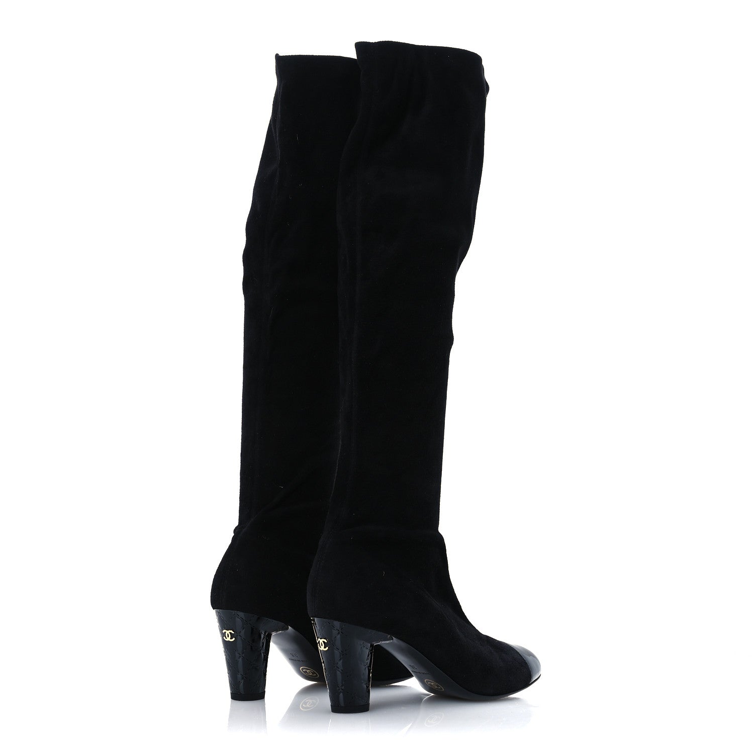 Chanel Suede Patent CC Quilted Knee High Boots 36 Black 5 of 10