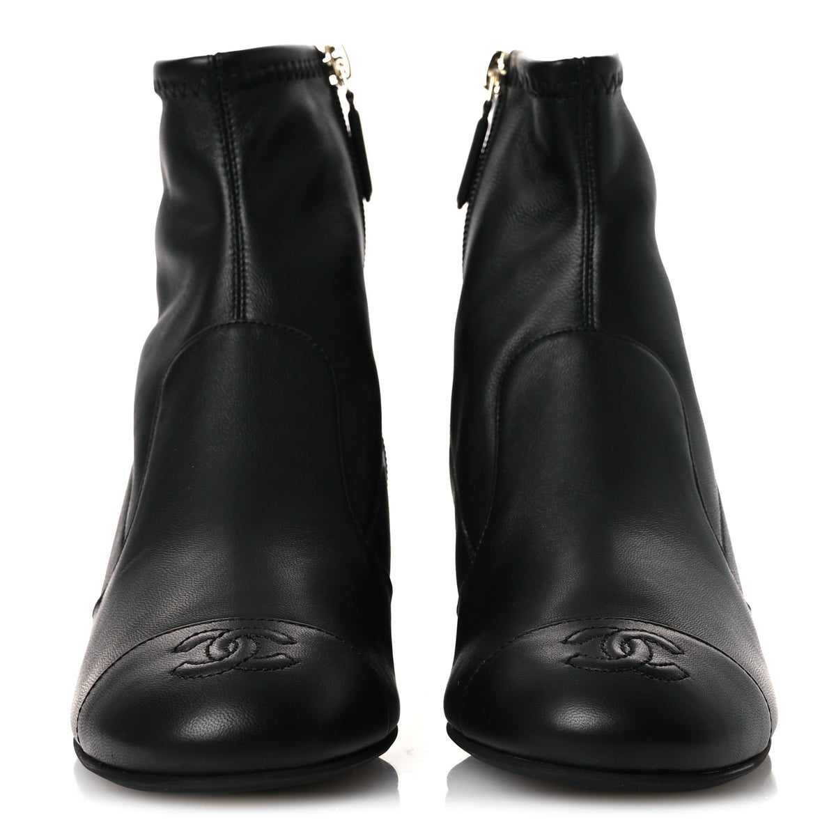 Stretch Lambskin Cap Toe CC Uniform Short Boots 36 Black