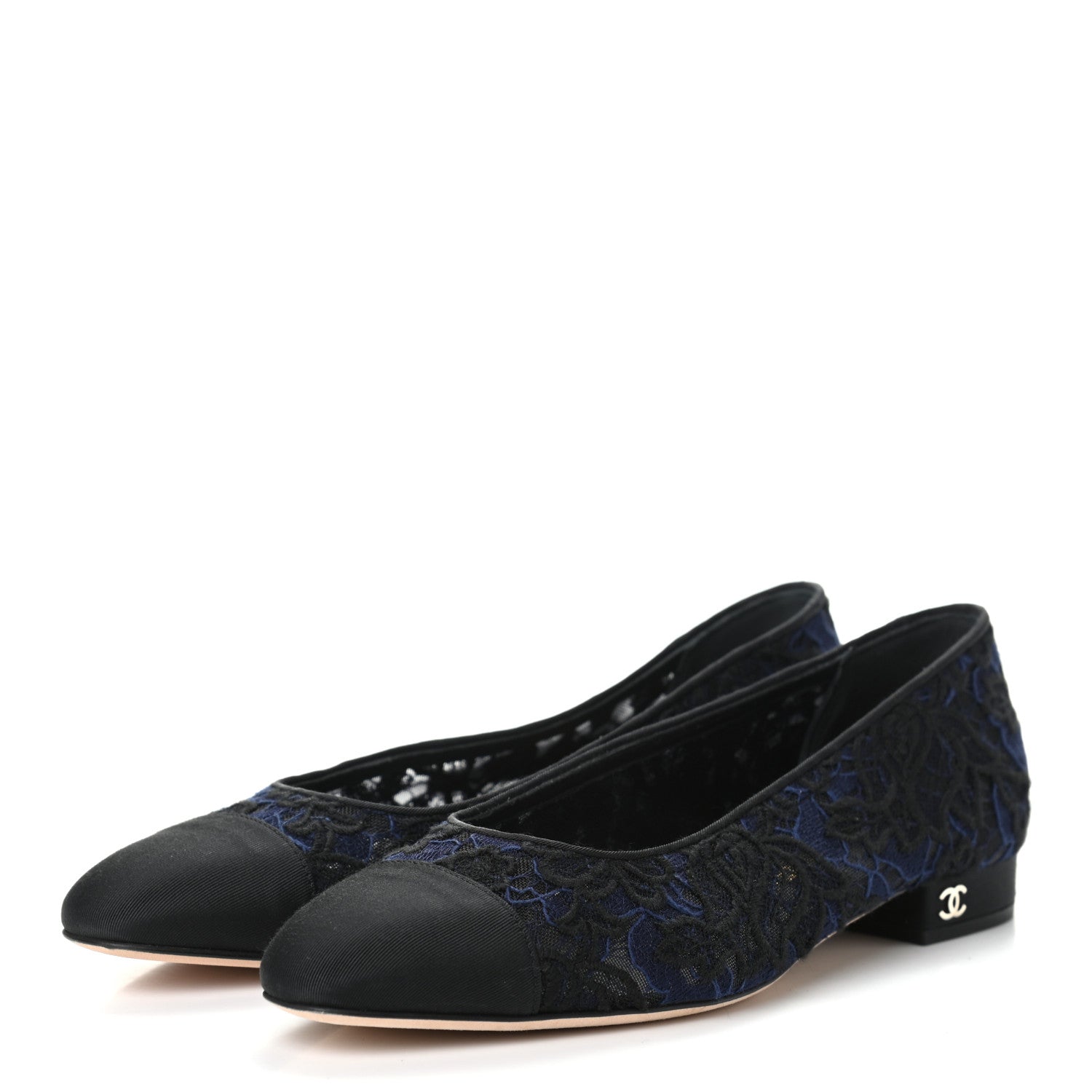 Chanel Lace Grosgrain Cap Toe CC Flats 37 Blue Black 3 of 7