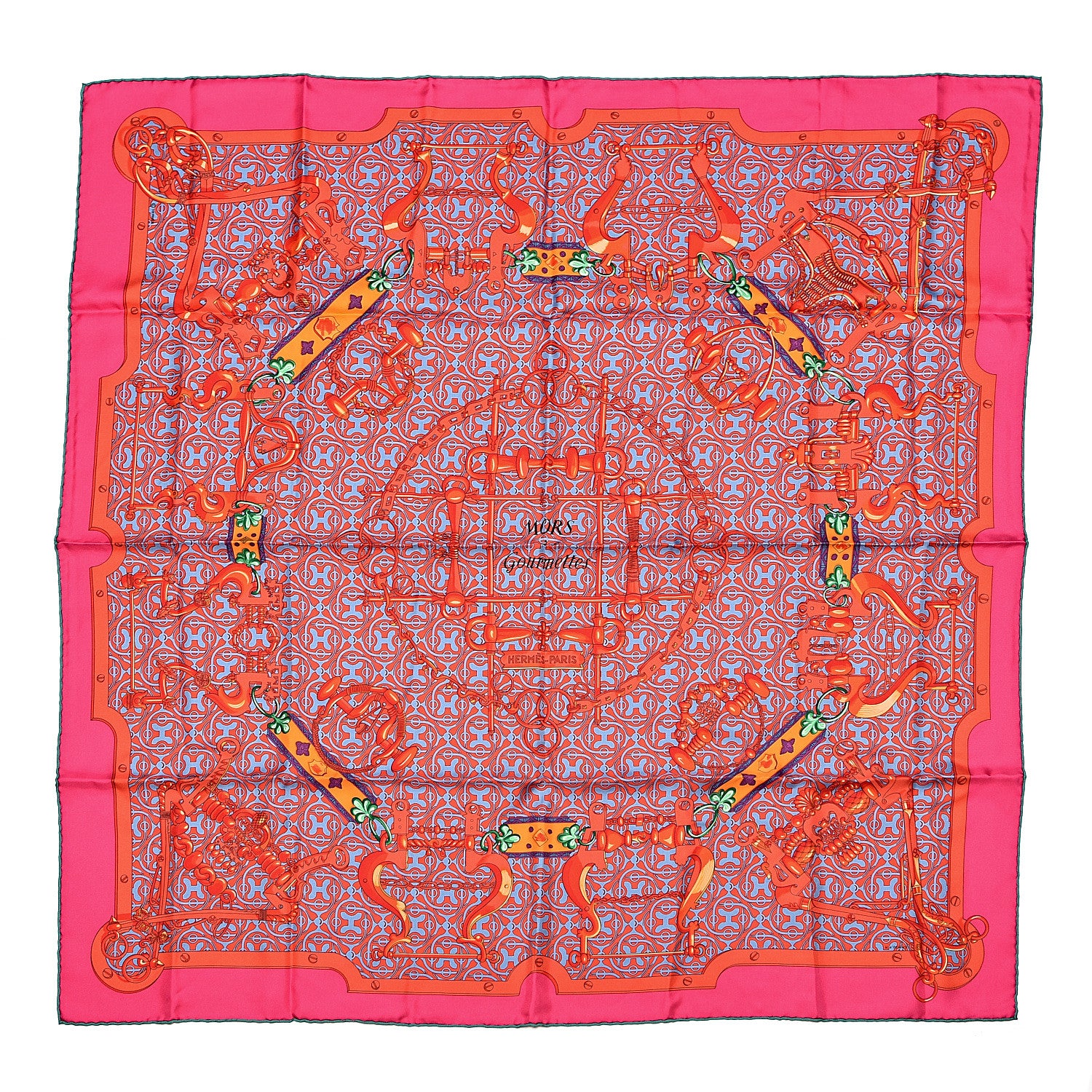 Hermes Silk Mors et Gourmettes Remix Scarf 90 Rose Indien Rouge Bleu 1 of 6